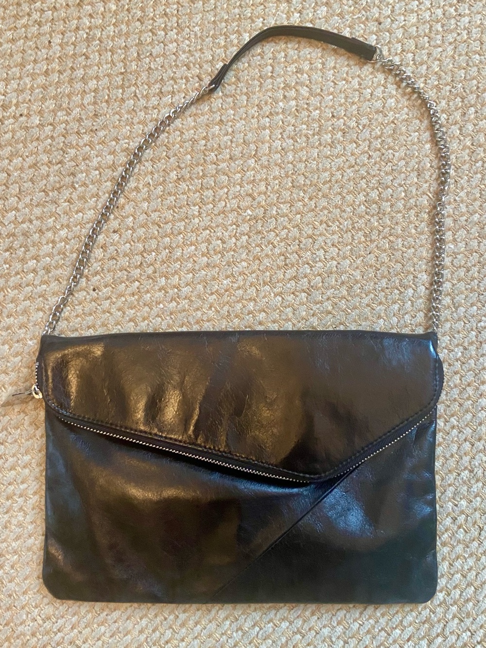 HOBO Zara Black Leather Envelope Clutch with Chain Strap